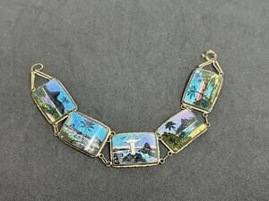 Vintage MADE IN BRAZIL Butterfly Wings Palm Trees Rio Scene 6 Panel Bracelet